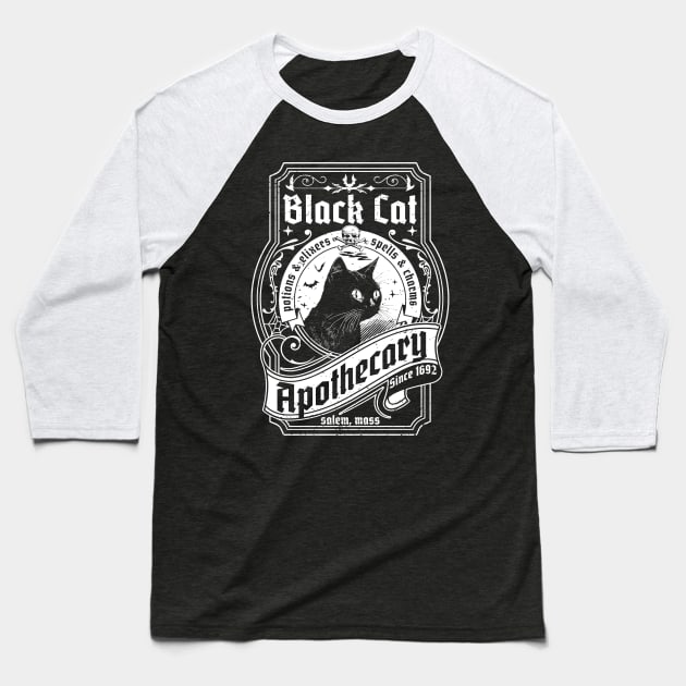 Black Cat Apothecary - Salem 1692 Retro Vintage Halloween Baseball T-Shirt by OrangeMonkeyArt